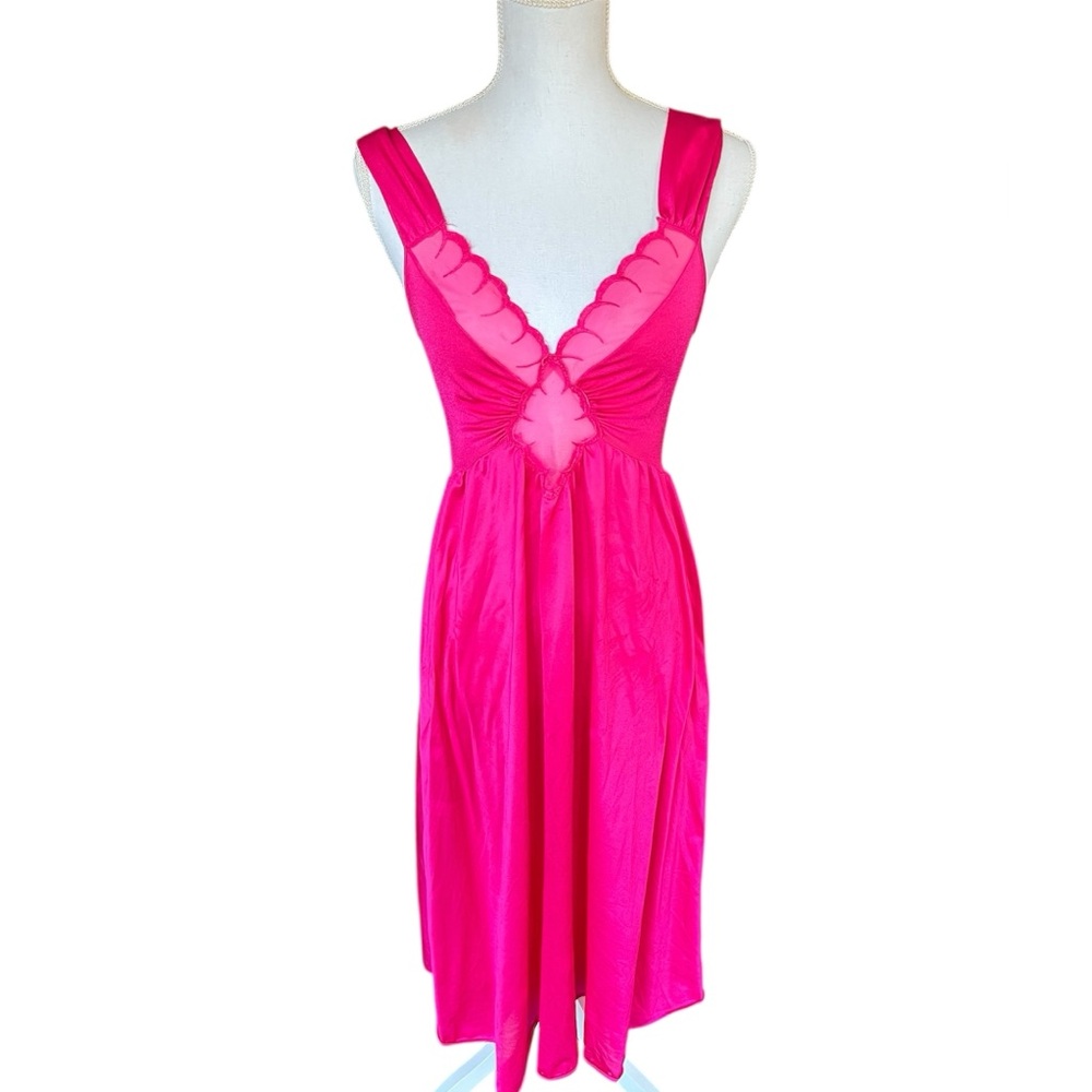 Vintage Hot Pink Olga V-Neck Nightgown 91022, Lace Cutout, Full Sweep, Sz M